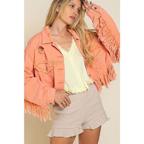 POL Peach Coral Denim Jacket – NWT – Oversized Small Raw Hem Fringe Shacket - Picture 1 of 9